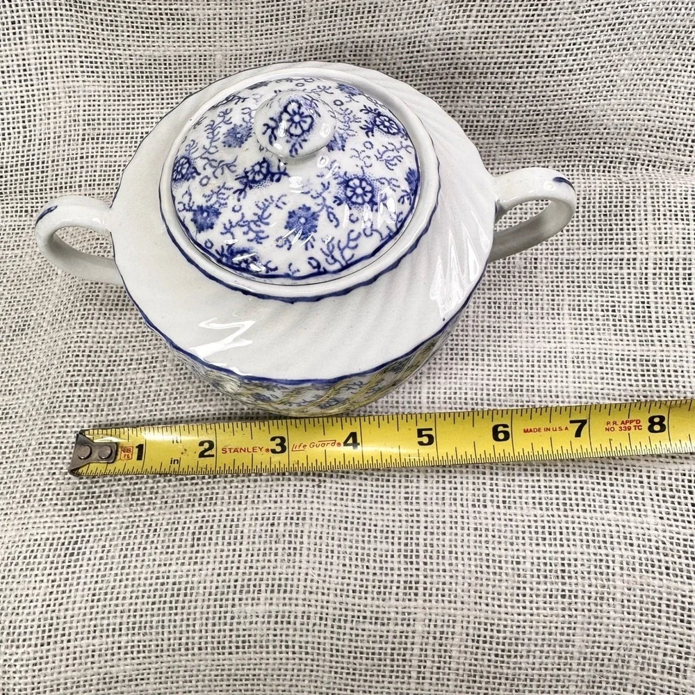 English Anchor Blue White Transferware Covered‎ Sugar Bowl England